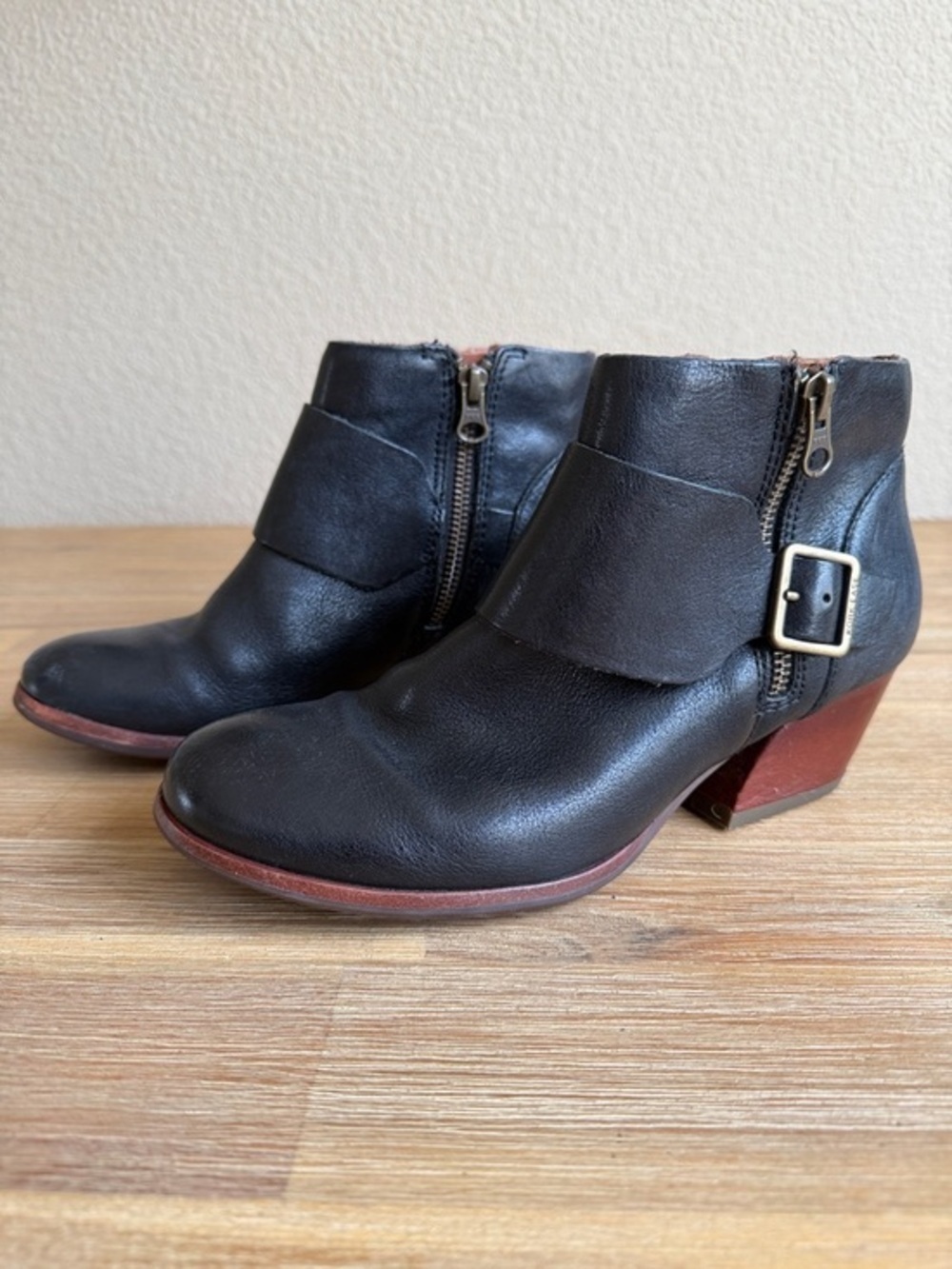 Kork-Ease Black Leather Ankle Booties with Buckle & Side Zip - Picture 1 of 14